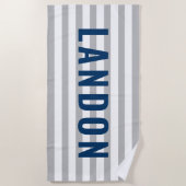 Moderner Personalisierter Name Navy Gray Strip Strandtuch (Vorderseite)