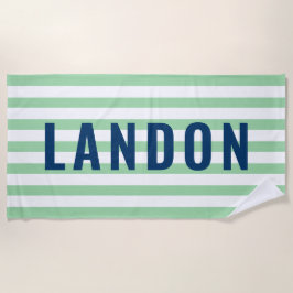 Moderner Personalisierter Name Navy Green Striping Strandtuch