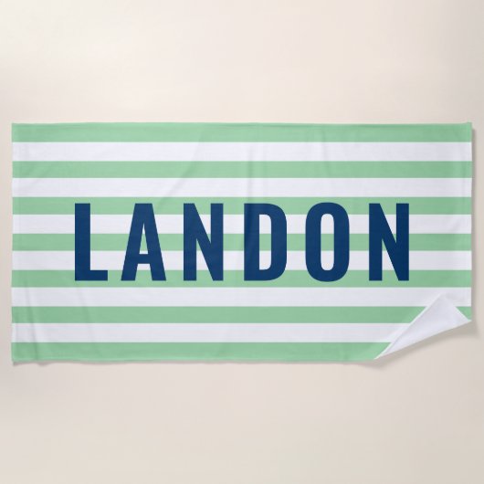 Moderner Personalisierter Name Navy Green Striping Strandtuch (Vorderseite)