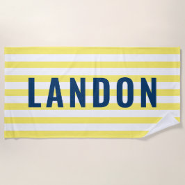 Moderner Personalisierter Name Navy Yellow Strip Strandtuch