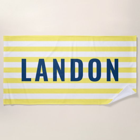 Moderner Personalisierter Name Navy Yellow Strip Strandtuch (Vorderseite)