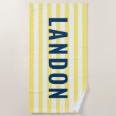 Moderner Personalisierter Name Navy Yellow Strip Strandtuch (Vorderseite)