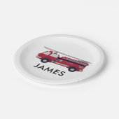 Moderner Personalisierter Name Red Fire LKW Geburt Pappteller (Schrägansicht)