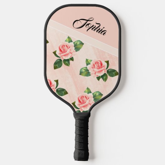 Moderner Personalisierter Name Rosa Blume Schwarz Pickleball Schläger (Rückseite)