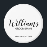 Moderner Personalisierter Trauzeuge für Skripte Magnet<br><div class="desc">Personalisierte Trauzeuge Geschenke mit dem Namen des personalisierten Trauzeugen im modernen,  schwarz-Script-Schriftart-Stil mit Titel und Hochzeitsdatum in modernen Sans Serif Schriftart Stil auf weißem Hintergrund. Auch perfekt für Trauzeuge,  Brautvater,  Brautjungfrau,  Trauzeugin,  Brautmutter und mehr.</div>