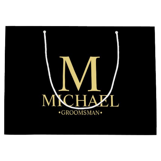 Moderner Personalisierter Trauzeuge in Schwarz und Große Geschenktüte (Vorderseite)