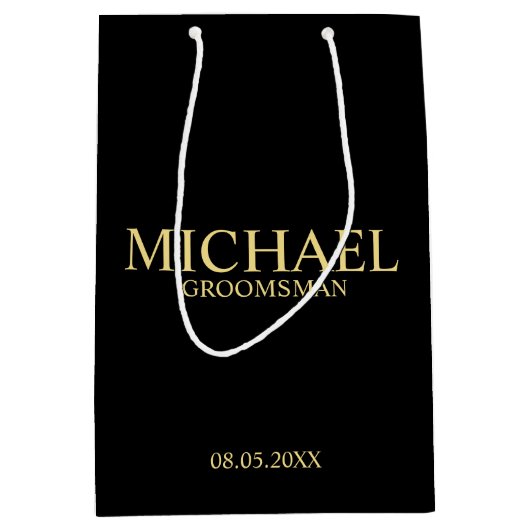 Moderner Personalisierter Trauzeuge in Schwarz und Mittlere Geschenktüte (Vorderseite)