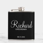 Moderner Personalisierter Trauzeuge in Schwarz/Wei Flachmann<br><div class="desc">Moderne Schwarz-Weiß-Geschenke mit dem Namen des personalisierten Trauzeugen im modernen,  weißen Schriftart-Stil mit Titel und Hochzeitsdatum in modernen Sans Serif Schriftart Stil auf schwarzem Hintergrund. Auch perfekt für Trauzeuge,  Brautvater,  Brautjungfrau,  Trauzeugin,  Brautmutter und mehr.</div>
