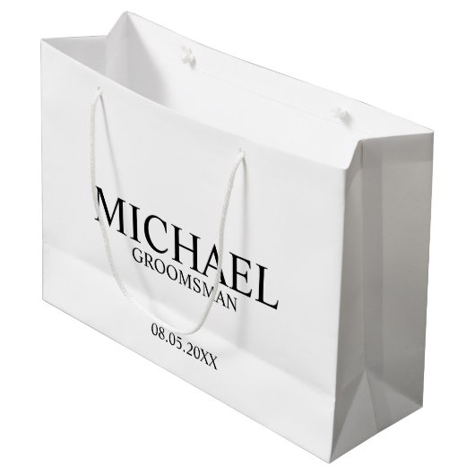 Moderner Personalisierter Trauzeuge in Schwarz/Wei Große Geschenktüte (Vorderseite Schrägansicht)