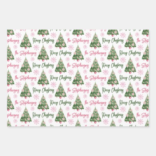Moderner Personalisierter Weihnachtsbaum Pink Geschenkpapier Set (Vorderseite)