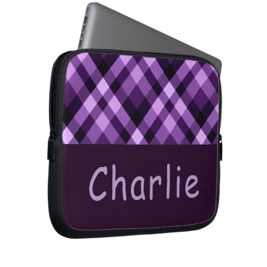 Moderner Pflaume Lila Karierter Monogramm-Laptop-S Laptopschutzhülle (Vorne Rechts)