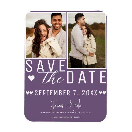 Moderner Pflaume Lila Save the Date 2 Foto Hochzei Magnet (Vertikal)