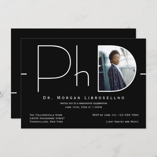 Moderner PhD-Abschluss für Schwarz-weißes Foto Einladung (Vorne/Hinten)