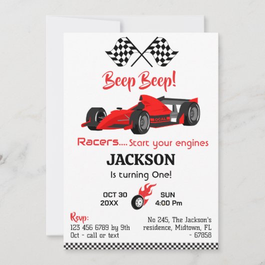 Moderner Pieptöner Red Race Sportwagen 1. Geburtst Einladung (Vorderseite)