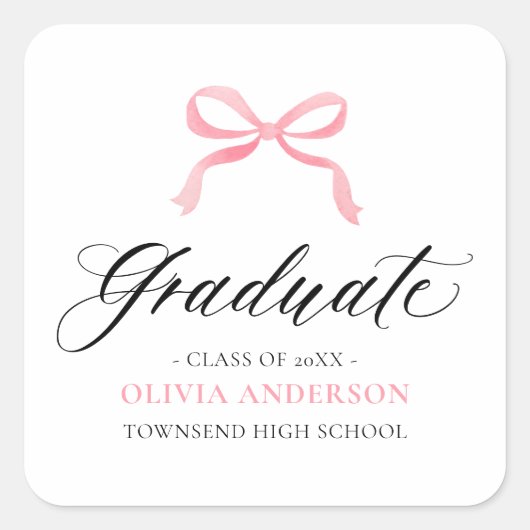Moderner Pink Bow Coquette Graduate Abschluss Quadratischer Aufkleber (Vorderseite)