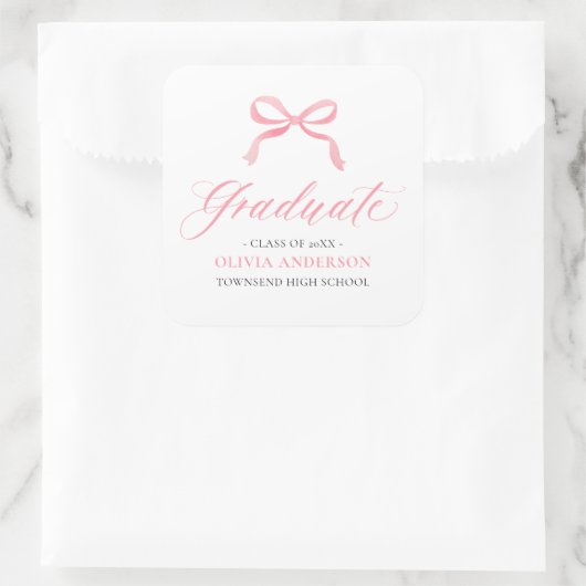 Moderner Pink Bow Coquette Graduate Abschluss Quadratischer Aufkleber (Tasche)