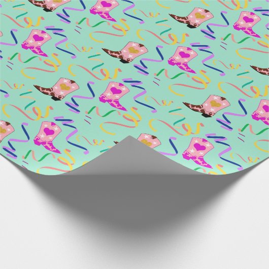 Moderner Pink Cowgirl Western Boots Confetti Mint Geschenkpapier (Ecke)