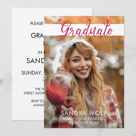 Moderner Pink Glitzer Script Foto Abschluss Einladung (Vorne/Hinten)