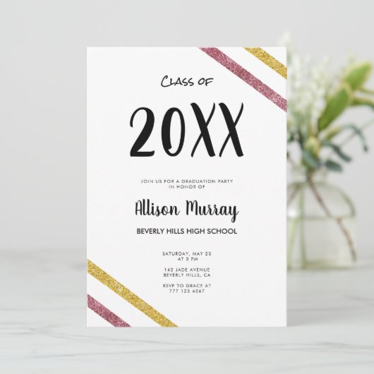 Moderner Pink & Gold Glitzer Script Foto Abschluss Einladung (Stehend Vorderseite)