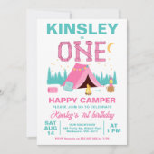 Moderner Pink Happy Camper Thema 1. Geburtstag Einladung (Vorderseite)