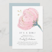 Moderner Pink Rose Glitzer mit Girl Baby Dusche Einladung (Vorne/Hinten)