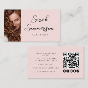 Moderner Pink-Schwarzer-Schrift-QR-Code-Friseur Visitenkarte