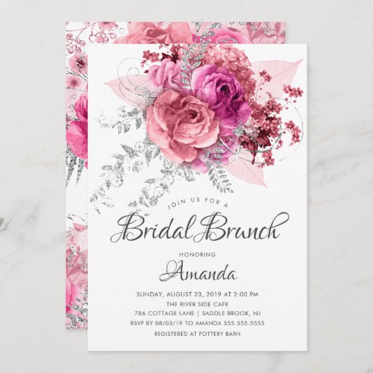Moderner Pink und Silver Floral Bridal Brunch Einladung (Vorne/Hinten)