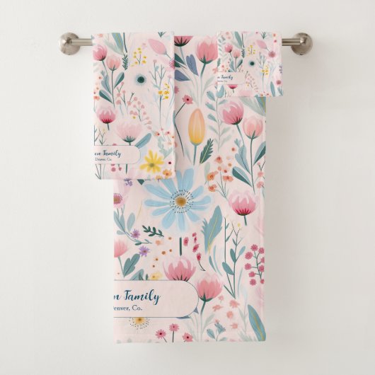 Moderner pinkfarbener pastellfarbener floraler Fam Badhandtuch Set (Insitu)