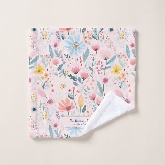Moderner pinkfarbener pastellfarbener floraler Fam Badhandtuch Set (Waschlappen)