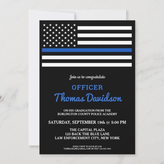 Moderner Polizeibeamter Abschluss Thin Blue Line i Einladung (Vorderseite)