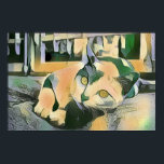 Moderner Pop Art Calico Kitty für Katzen Poster<br><div class="desc">Dies ist eine moderne Pop Art digitale Illustration einer calico Katze entspannen auf einem Kissen vor einigen Fenstern. Es wird in einem Comic-Buchstil mit gedämpften Farbtönen gelb,  grün und grau gemacht.</div>