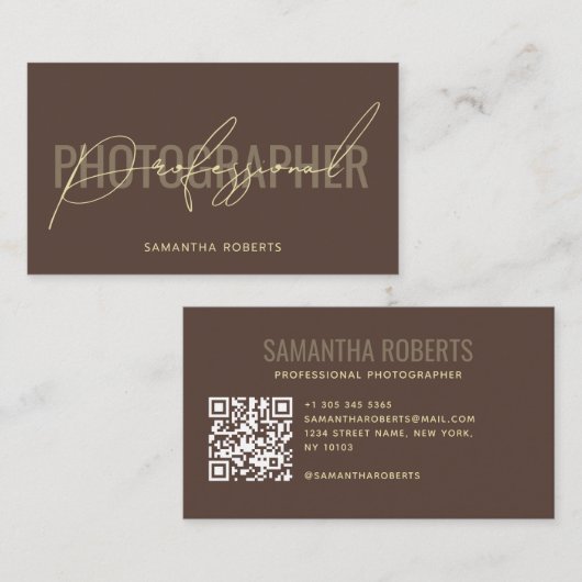 Moderner professioneller Fotograf QR-Code braun Visitenkarte (Vorne/Hinten)