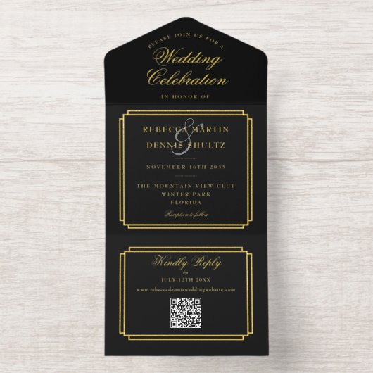 Moderner QR Code Art Deco Monogram Wedding Foil All-in-One-Einladung (Innenseite)