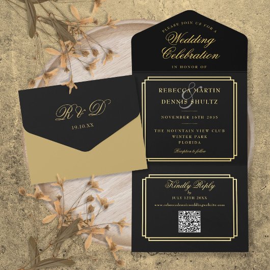 Moderner QR Code Art Deco Monogram Wedding Foil All-in-One-Einladung