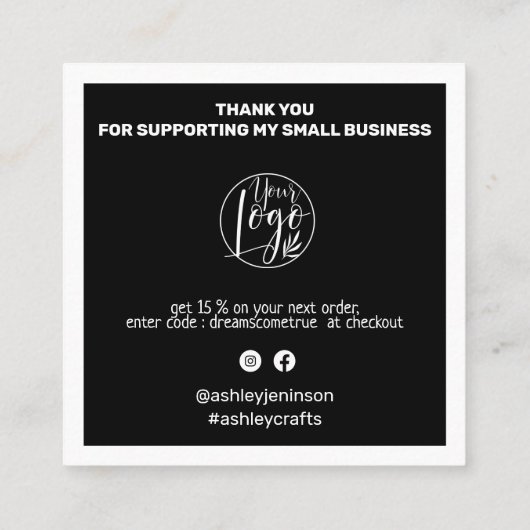 Moderner QR-Code danke, Schwarz-weiß bestellen Quadratische Visitenkarte (Rückseite)