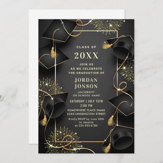 Moderner QR-Code der Golden Black Graduation Party Einladung (Vorne/Hinten)