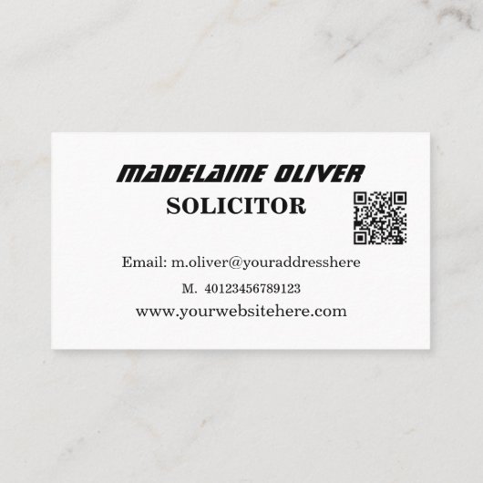 Moderner QR-Code Elegant Sleek Solicitor Black Visitenkarte (Rückseite)