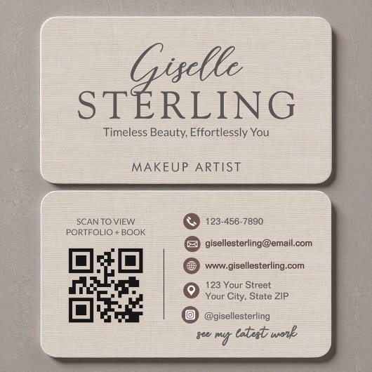 Moderner QR-Code Elegante Leinen-Schrift Visitenkarte