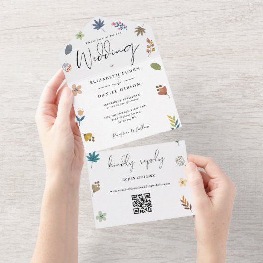 Moderner QR-Code Elegante Script-Hochzeit All In One Einladung (Abreißen)