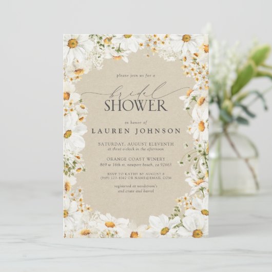 Moderner QR-Code Elegantes Daisy Rustikales Brautp Einladung (Stehend Vorderseite)