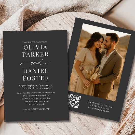 Moderner QR-Code Elegantes Foto Hochzeit Einladung