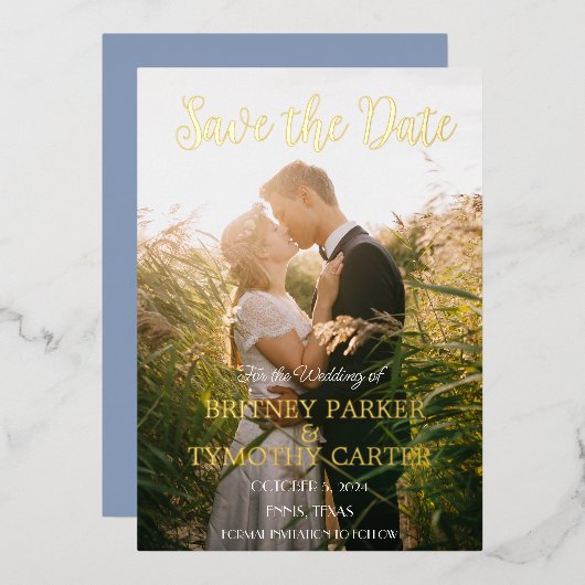 Moderner QR-Code Foto Script Dusty Blue Wedding Fo Folieneinladung (Vorderseite/Rückseite)