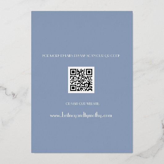 Moderner QR-Code Foto Script Dusty Blue Wedding Fo Folieneinladung (Rückseite)