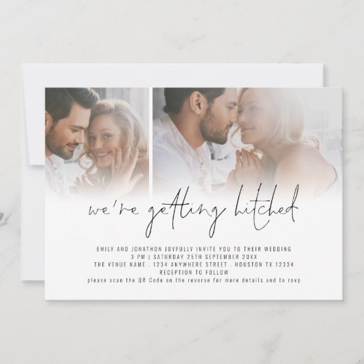Moderner QR-Code für 2 Foto - Hitched Wedding Einladung (Vorderseite)