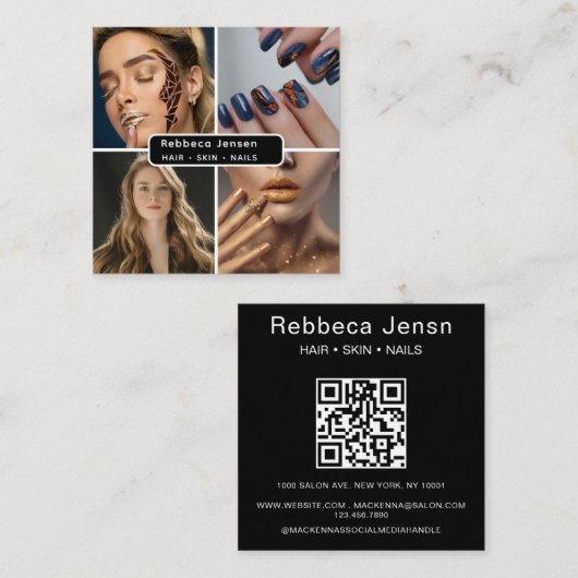 Moderner QR-Code für 4 Foto Hair Skin Nail Salon Quadratische Visitenkarte (Vorne/Hinten)