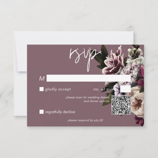 Moderner QR-Code für Burgund & Cream Peonies RSVP Karte (Vorderseite)