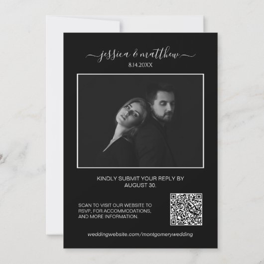 Moderner QR-Code für das Schwarz-Weiß-Foto Einladung (Rückseite)