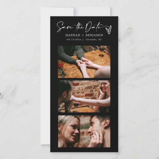 Moderner QR-Code für den schwarzen Foto Save The Date (Vorderseite)