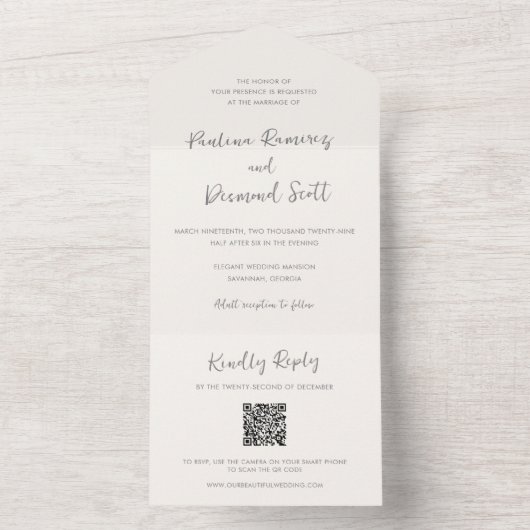Moderner QR Code für Elfenbein Einfache Hochzeit All In One Einladung (Innen Boden)