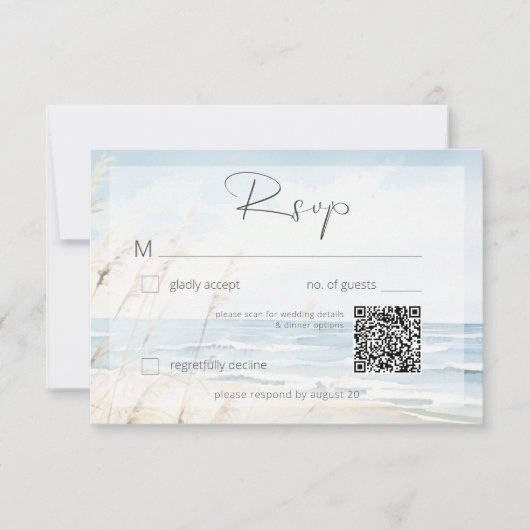 Moderner QR-Code für Hochzeiten am Meer RSVP Karte (Vorderseite)